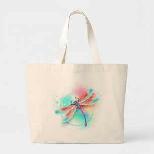 Bolsa Tote Grande libélula vermelha sobre fundo de aquarela