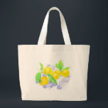 Bolsa Tote Grande Limões Meyer na toalha da cozinha<br><div class="desc">Uma imagem aquosa alegre e brilhante dos limões Meyer em uma toalha de cozinha listrada azul e branca. Um companheiro encantador para as suas tarefas!</div>