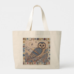 Bolsa Tote Grande Linda Coruja Azul e Borboleta sob a Lua