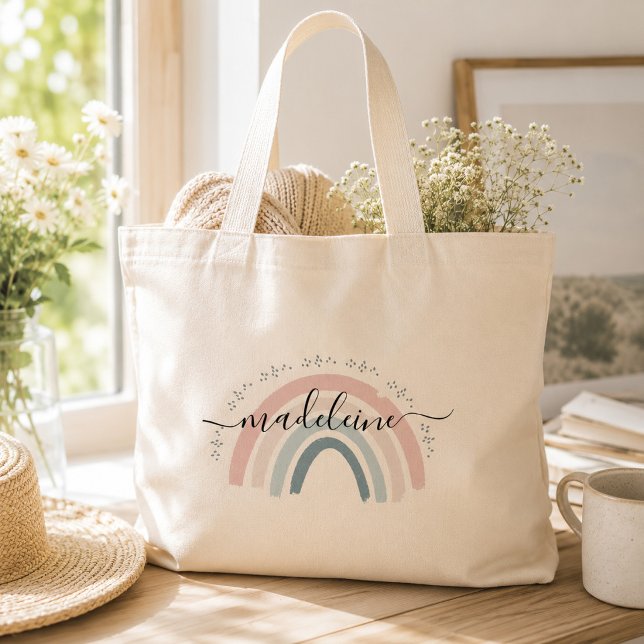 Bolsa Tote Grande Lindo nome personalizado em arco-íris, divertido s (Criador carregado)