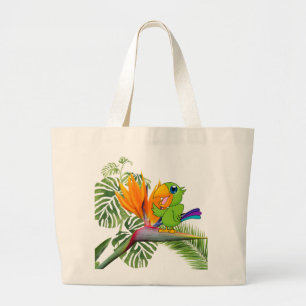Bolsa Tote Grande Lindo papagaio de desenho animado, Caudata, folhas