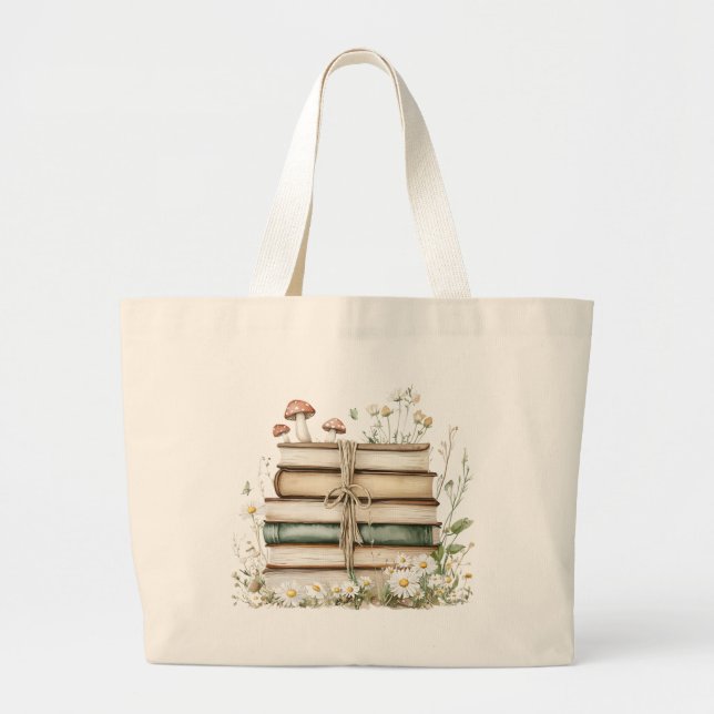 Bolsa Tote Grande Livros de Aquarela de Amantes de Livros Florais Vi (Frente)