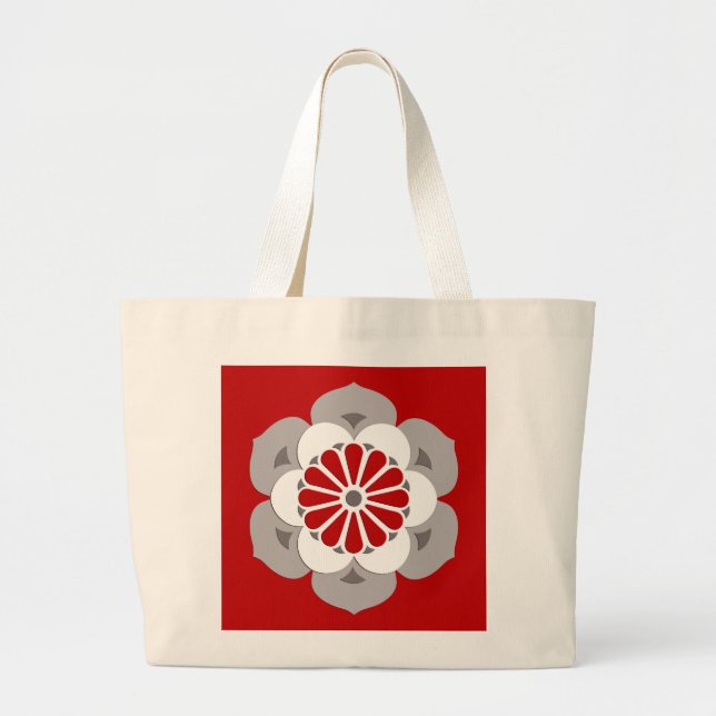 Bolsa Tote Grande Lotus Flower Mandala, Vermelho Escuro, Cinzas e Br (Frente)