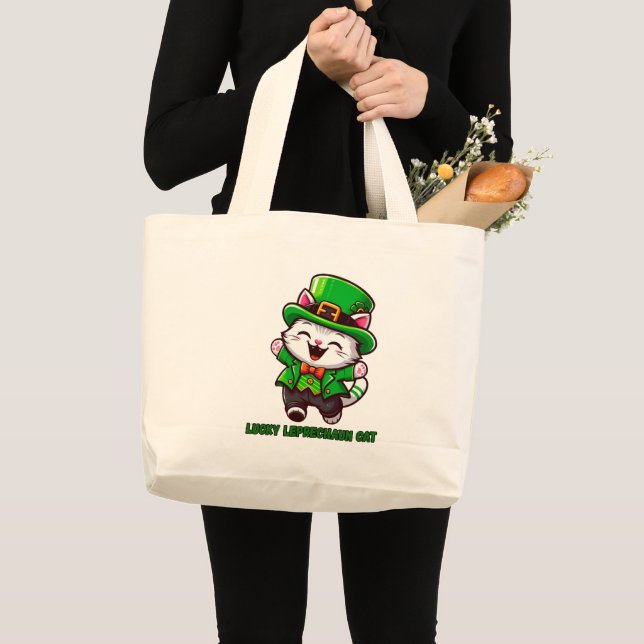 Bolsa Tote Grande Lucky Leprechaun Cat Tote Bag (Frente (produto))