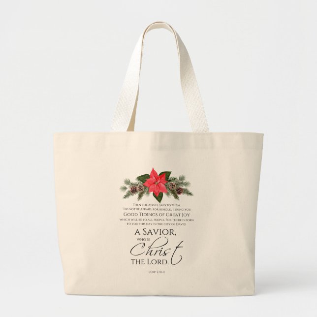 Bolsa Tote Grande Luke 2:10-11 Escritura de Natal de Poinsettia (Frente)