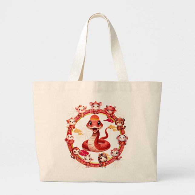 Bolsa Tote Grande Lunar Chinês, Ano Novo Cobra Design 2 (Frente)