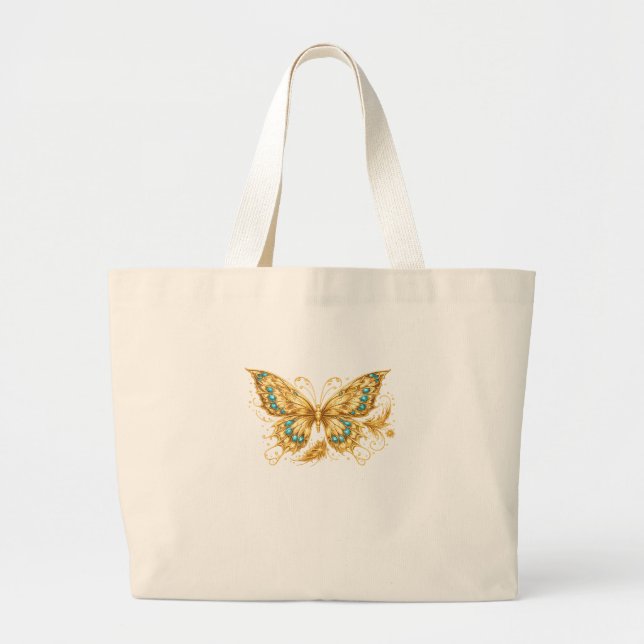 Bolsa Tote Grande Luxury Gold Butterfly – Elegant Turquoise Accent  (Frente)