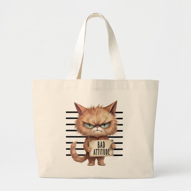 Bolsa Tote Grande Má Atitude Cat Mugshot - Design Felino Engraçado (Frente)