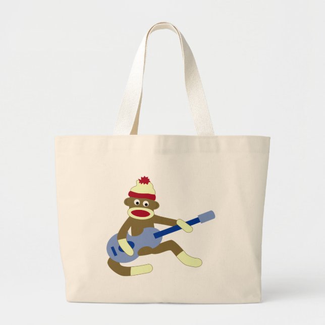 Bolsa Tote Grande Macaco da peúga que joga a guitarra azul (Frente)