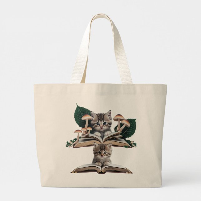 Bolsa Tote Grande Magical Bookworm Kitten Tote Bag – Whimsical Cat  (Verso)