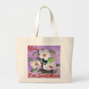 Bolsa Tote Grande Magnólias do sul brancas Painterly na lavanda