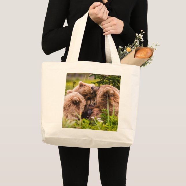 Bolsa Tote Grande Mamãe urso cuidando de seus dois filhotes, Lago Cl (Frente (produto))