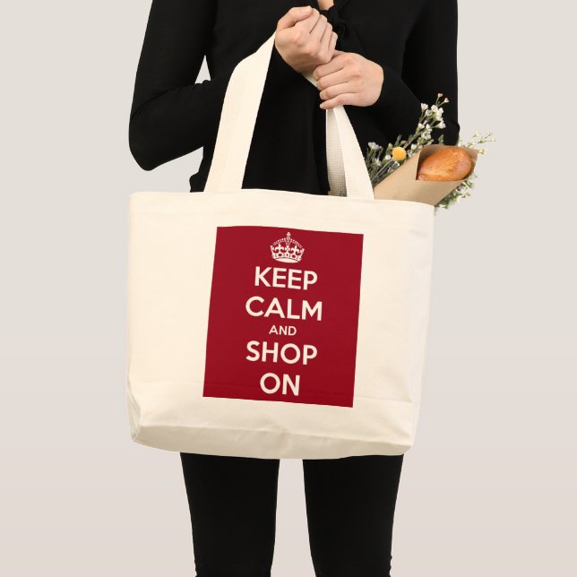 Bolsa Tote Grande Mantenha a Calma e Compre Sacolas Tote (Frente (produto))