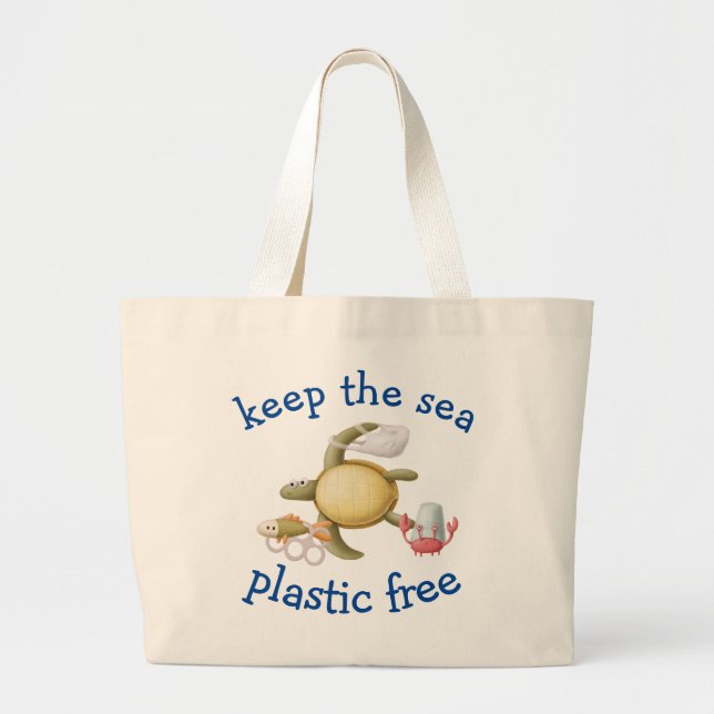 Bolsa Tote Grande Mantenha Nosso Mar Livre de Plástico Vida Marinha  (Frente)