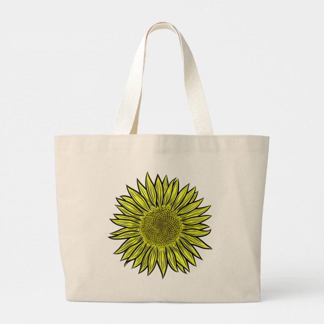 Bolsa Tote Grande Mão De Girassol Amarelo Amarelo Floral Desenhada (Verso)