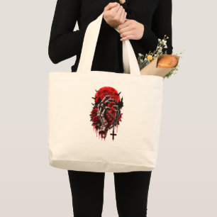 Bolsa Tote Grande Mãos de Esqueleto Gótico Rosas Vermelhas Halloween