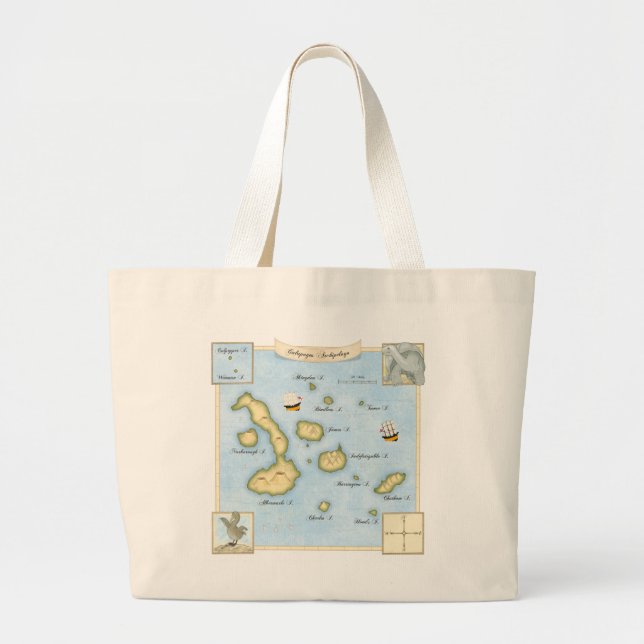 Bolsa Tote Grande Mapa do Arquipélago de Galápagos com Navios à Nave (Frente)