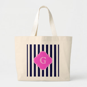 Bolsa Tote Grande Marinho Blu White Stripe Quatrefoil Rosa Quente Mo