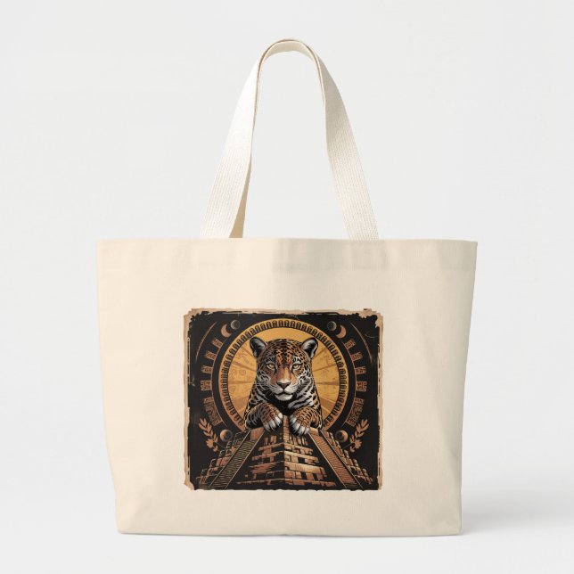 Bolsa Tote Grande Mayan Jaguar Guardian | Arte de mitologia asteca (Frente)