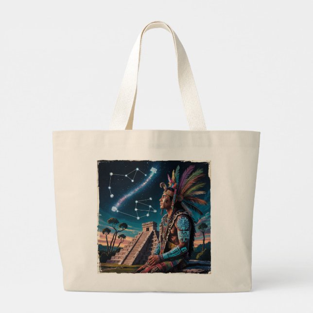 Bolsa Tote Grande Mayan Shaman Stargazer Calendário e Glifos Antigos (Verso)