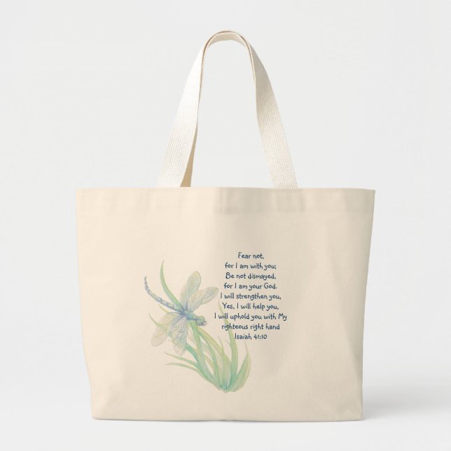 Bolsa Tote Grande Medo Não, Isaiah Scripture Dragonfly Azul, Verde (Frente)