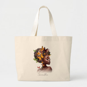 Bolsa Tote Grande Melanina Magic: Cabelo Afro e Borboleta Colorida