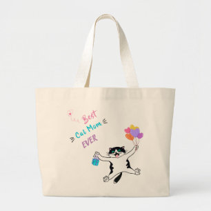 Bolsa Tote Grande Melhor Cat Mãe Bonita Gatinho Tuxedo Balões Colori