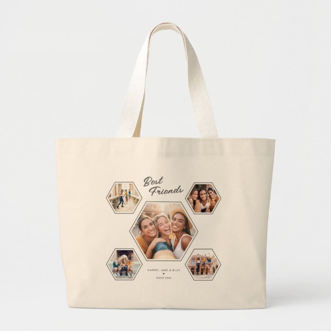 Bolsa Tote Grande Melhores Amigos Foto Colagem Personalizada Script (Frente)