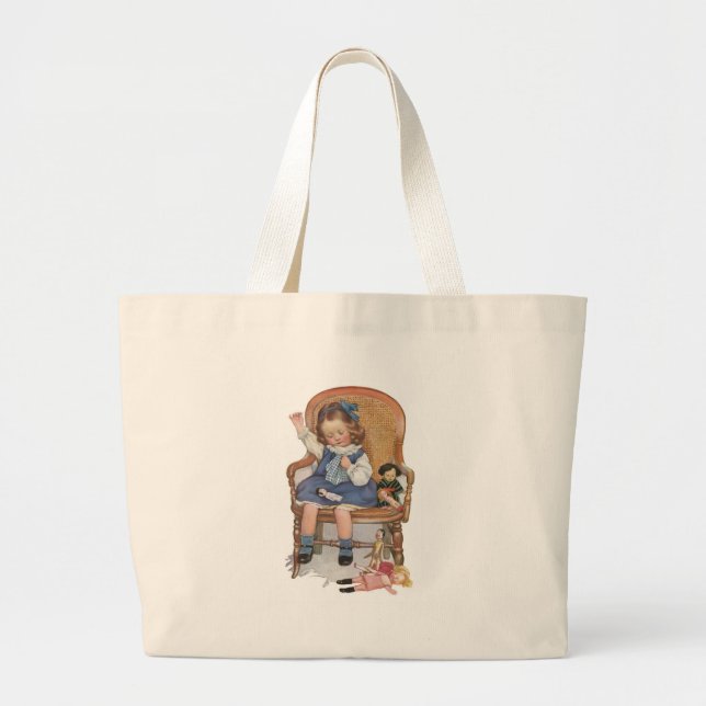 Bolsa Tote Grande Menina Costurando Bonecas (Frente)
