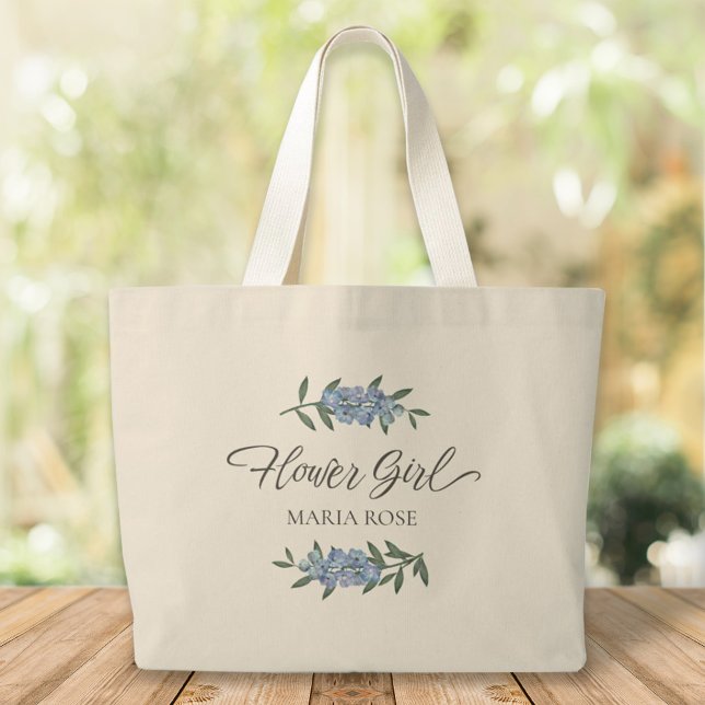 Bolsa Tote Grande Menina de Flores Fofo Azul Floral Botânico Chic (Criador carregado)