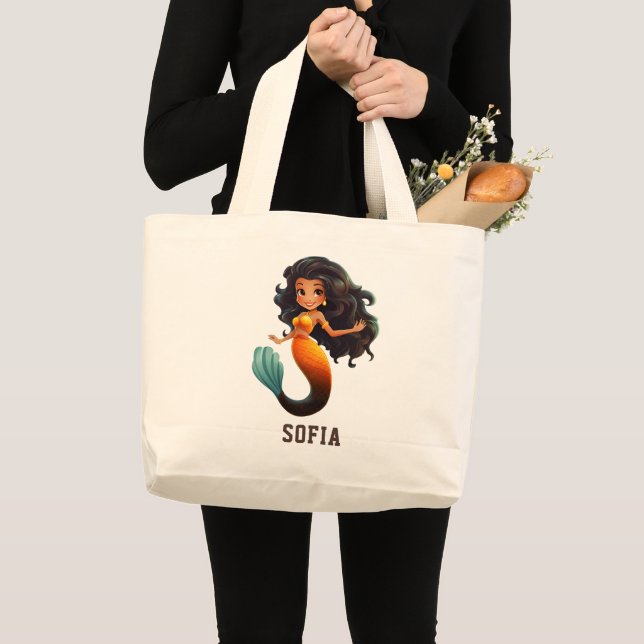 Bolsa Tote Grande Menina de Sereia Africana - Nome Personalizado Afr (Frente (produto))