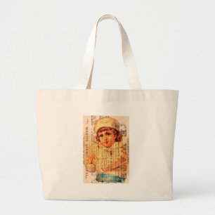 Bolsa Tote Grande Menina do vintage com pomba e anúncios
