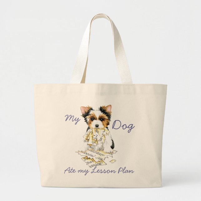 Bolsa Tote Grande Meu Biewer Terrier Comeu Meu Plano de Lição (Frente)