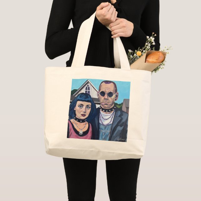 Bolsa Tote Grande Modern American Gothic  Art- Grant Woods Inspired (Frente (produto))