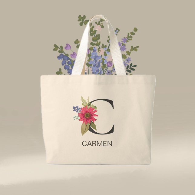 Bolsa Tote Grande Modern Floral Monograma - Letra C (Criador carregado)