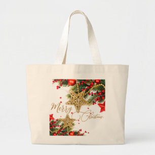 Bolsa Tote Grande Moderno Vermelho e Ouro Feliz Design de Natal