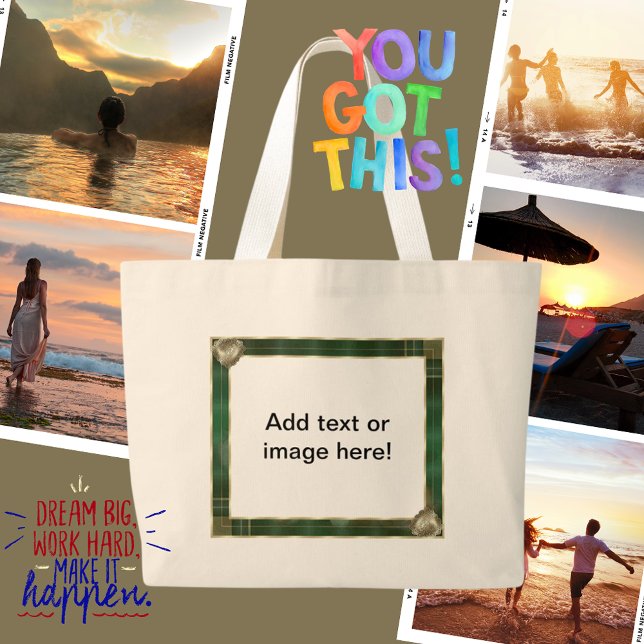 Bolsa Tote Grande Moldura Antiga Verde Adicione Sua Foto Citação  (Green Antique Frame Add Your Photo Here Large Tote Bag)