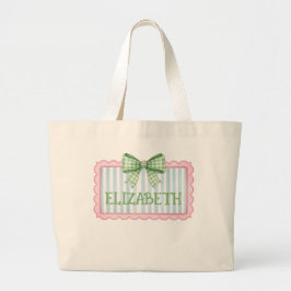 Bolsa Tote Grande Moldura Rosa e Azul Com Laço Xadrez Verde
