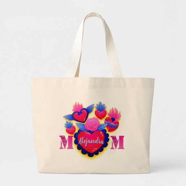 Bolsa Tote Grande Mom corazones mexicanos Nombre editable (Frente)
