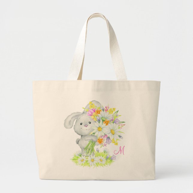 Bolsa Tote Grande Monograma Cachorro Aquoso Coelho Floral (Frente)