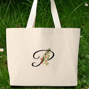 Bolsa Tote Grande Monograma clássico P flor vermelha e branca presen