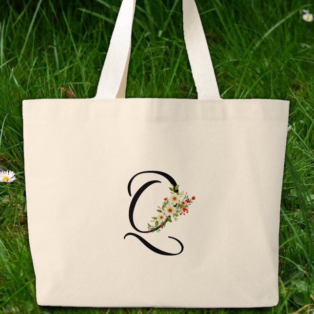 Bolsa Tote Grande Monograma clássico Q flores vermelhas e brancas pr (Criador carregado)