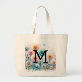 Bolsa Tote Grande Monograma de aquarela floral com dentes-de-leão ro