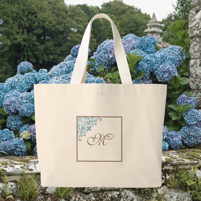 Bolsa Tote Grande Monograma do Script Inicial do Fleur de Lis Azul F (Criador carregado)