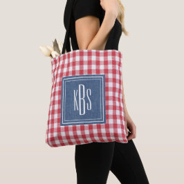Bolsa Tote Grande Monograma em Ombro de Xadrez Vermelho e Bra