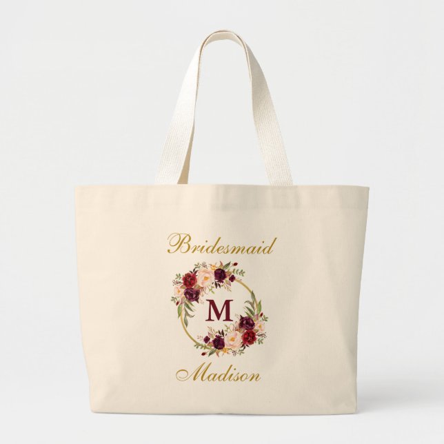 Bolsa Tote Grande Monograma Floral Dourado Burgundy Bridesmaid (Frente)