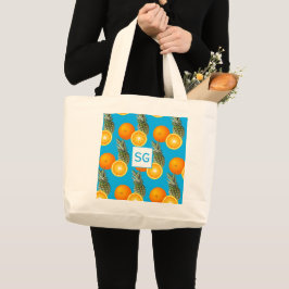 Bolsa Tote Grande Monograma padrão de abacaxi laranja fruta azul aqu