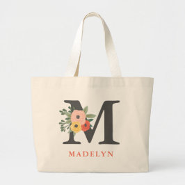 Bolsa Tote Grande Monograma Personalizado Floral Coral Blush