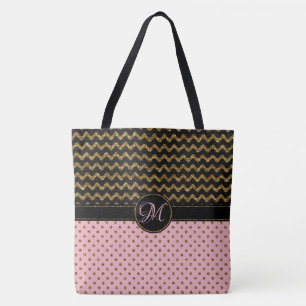 Bolsa Tote Grande Monogrammed de Chevron do preto Dourado