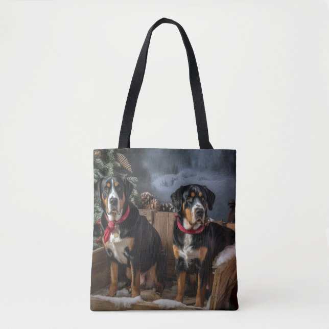 Bolsa Tote Grande Montanha Suiça Snowy Sleigh Natal (Frente)